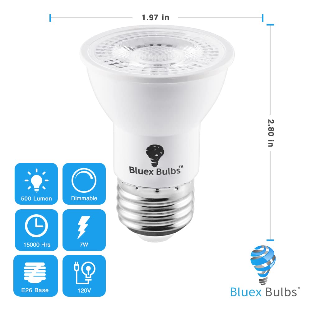 Bluex Bulbs 6 Pack PAR16 LED Bulb 7W 500 Lumens E26 Cool White 4000K Dimmable Short Flood Light Model 252