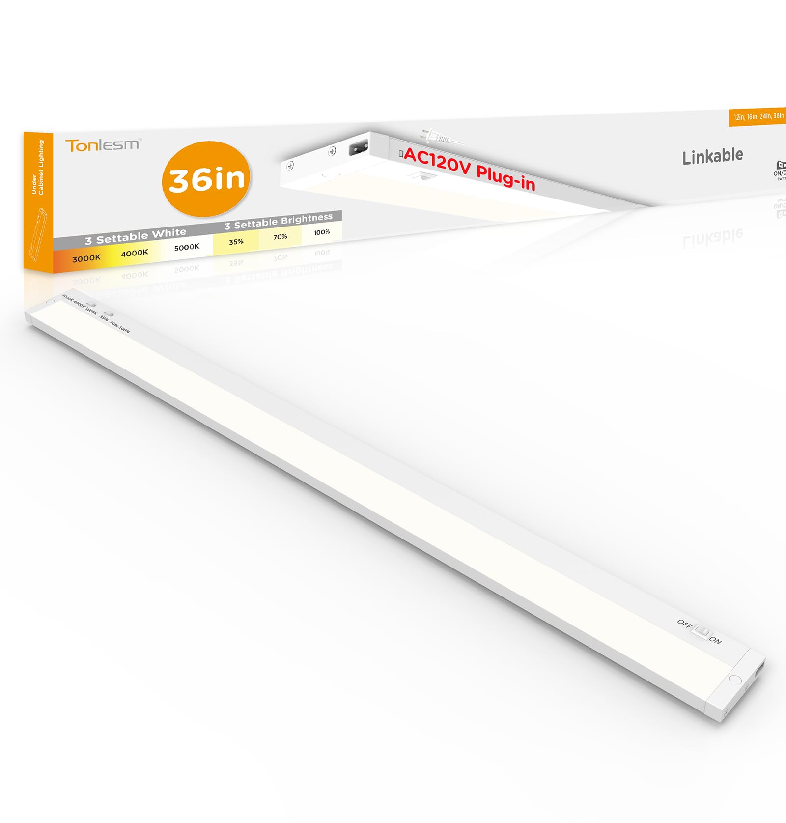 Tonlesm 36 Inch Under Cabinet Lighting Plug in  20W 120V 3 Color 3000K/4000K/5000K  3 Brightness  Super Bright  Ultra Thin Under Counter Lights for Kitchen  Linkable LED Cabinet Light  White