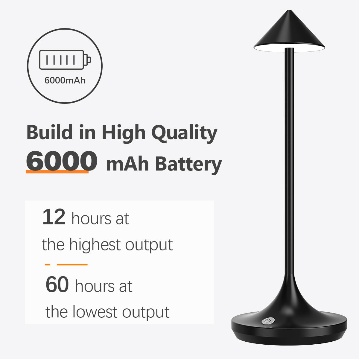 bravzurg Cordless LED Table Lamp, 6000mAh Rechargeable, Dimmable, Aluminum, Black, Model LS07B