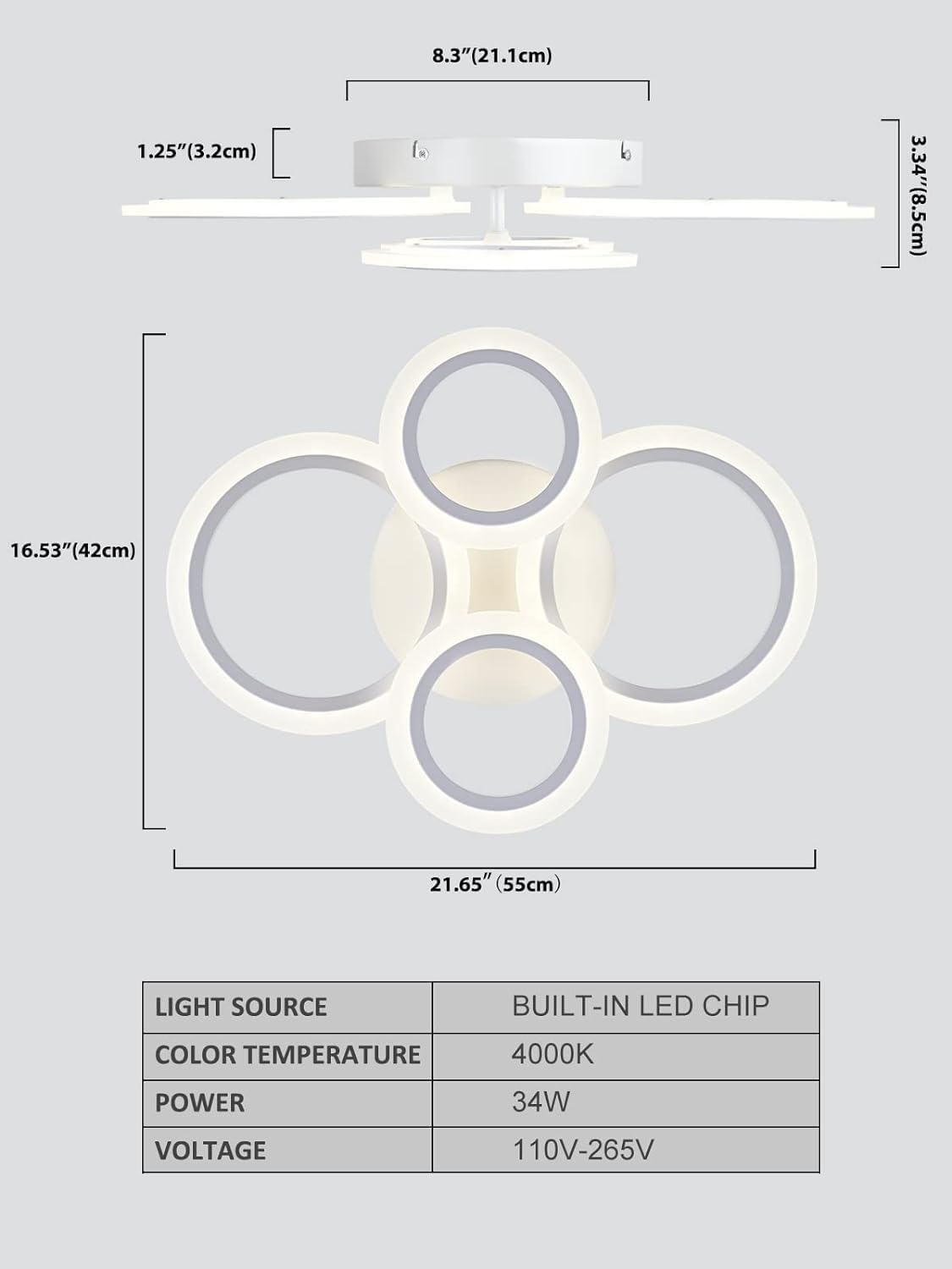 Vikaey Modern Led Flush Mount Ceiling Light, 4 Rings White Close To Ceiling Light, Lighting Fixture Ceiling Lamp For Kitchen, Living Room, Bedroom, Laundry Room, 4000K Not Dimmable