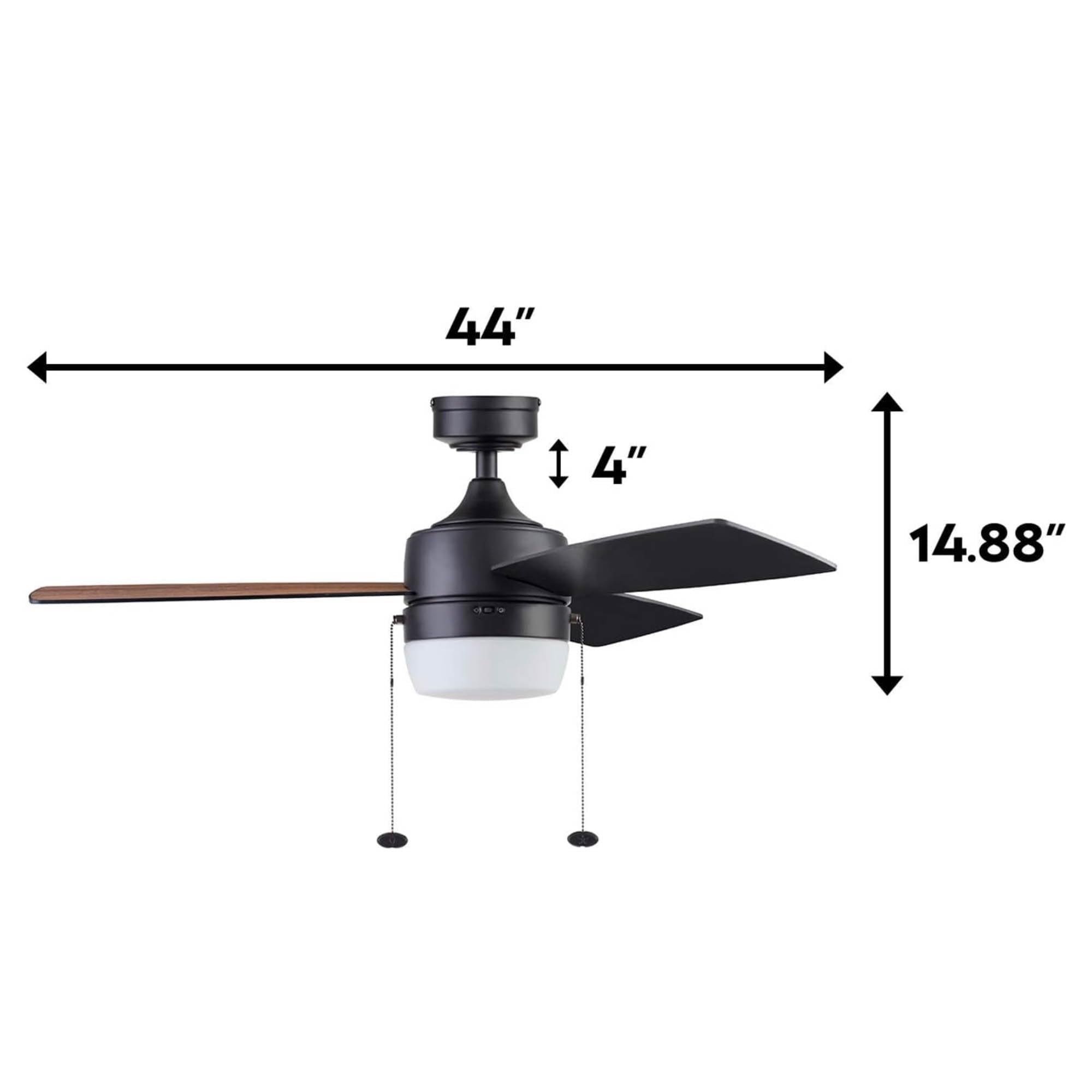 Honeywell Ceiling Fans Barcadero 44 Inch Ceiling Fan with Light, Matte Black, Model 51476-01, Metal, Pull Chain, Indoor Use