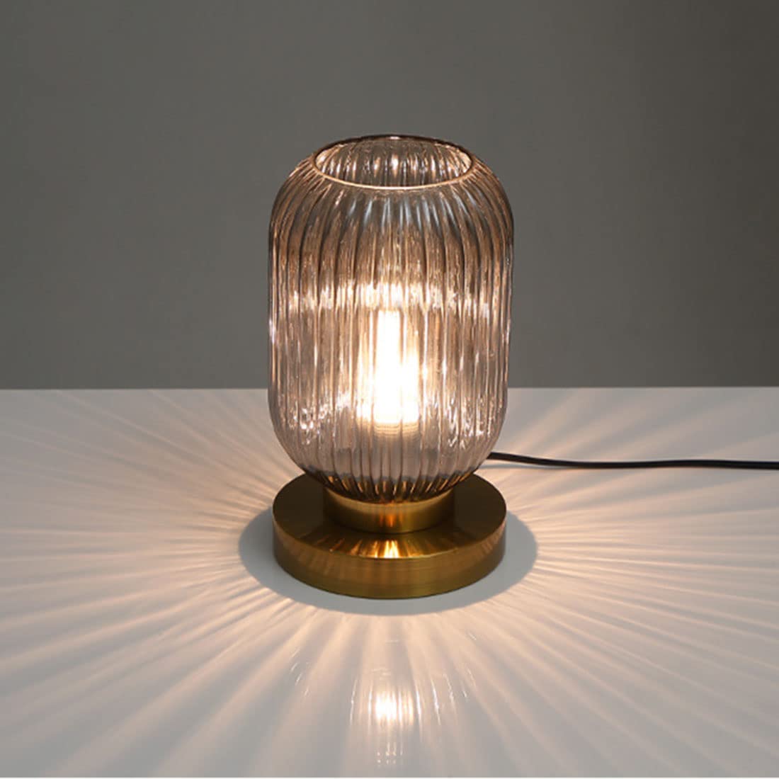 Auwieou Bedside Table Lamp Mid Century Glass Table Lamps Modern Globe Table Lamp Gold Desk Lamp Nightstand Lamp With Pumpkin Design With Ribbed Glass Shade For Bedroom Living Room Office (Smoke Gray)