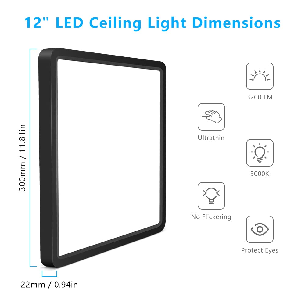 12Inch 24W Square Led Ceiling Light Fixtures Flush Mount  3000K Warm White Led Ceiling Lamp  Surface Mount Modern Ceiling Lights  Slim Flat Panel Lighting For Bedroom  Kitchen  Bathroom Etc.Black