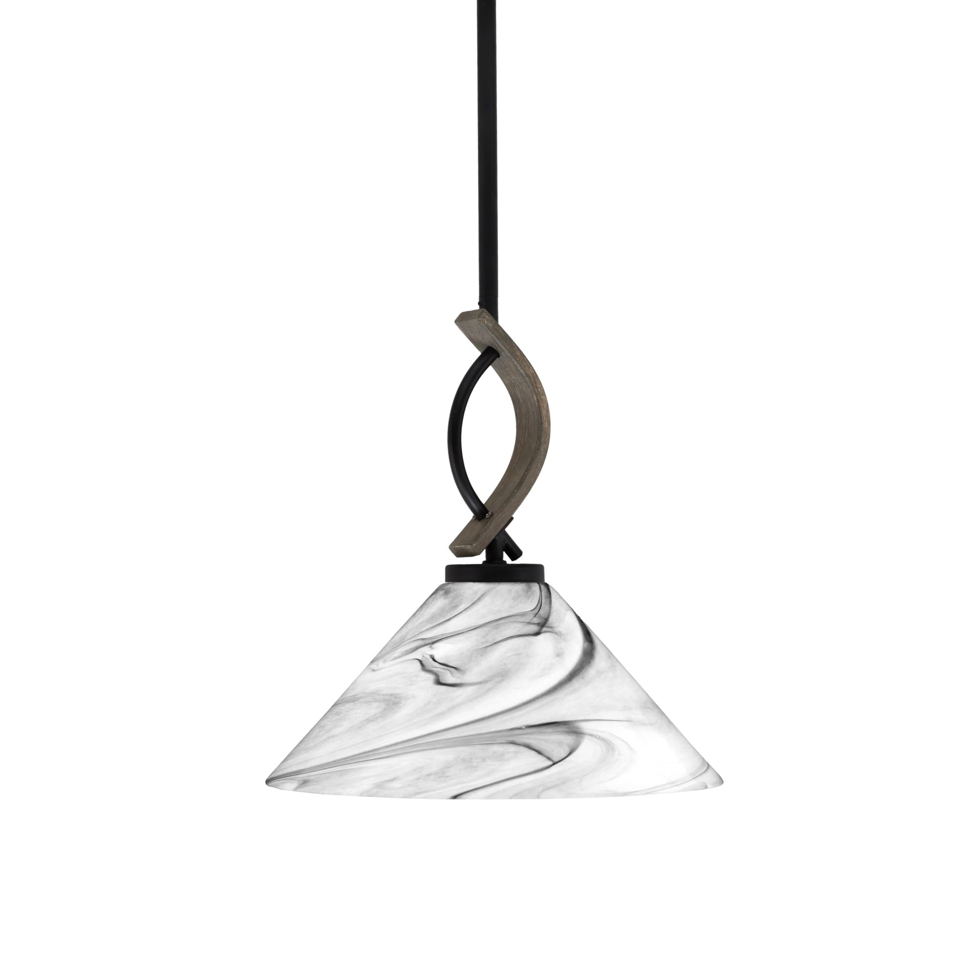 Toltec Lighting Monterey Stem Hung Mini Pendant - Matte Black & Distressed Wood-Look Metal, 12in Onyx Swirl Glass