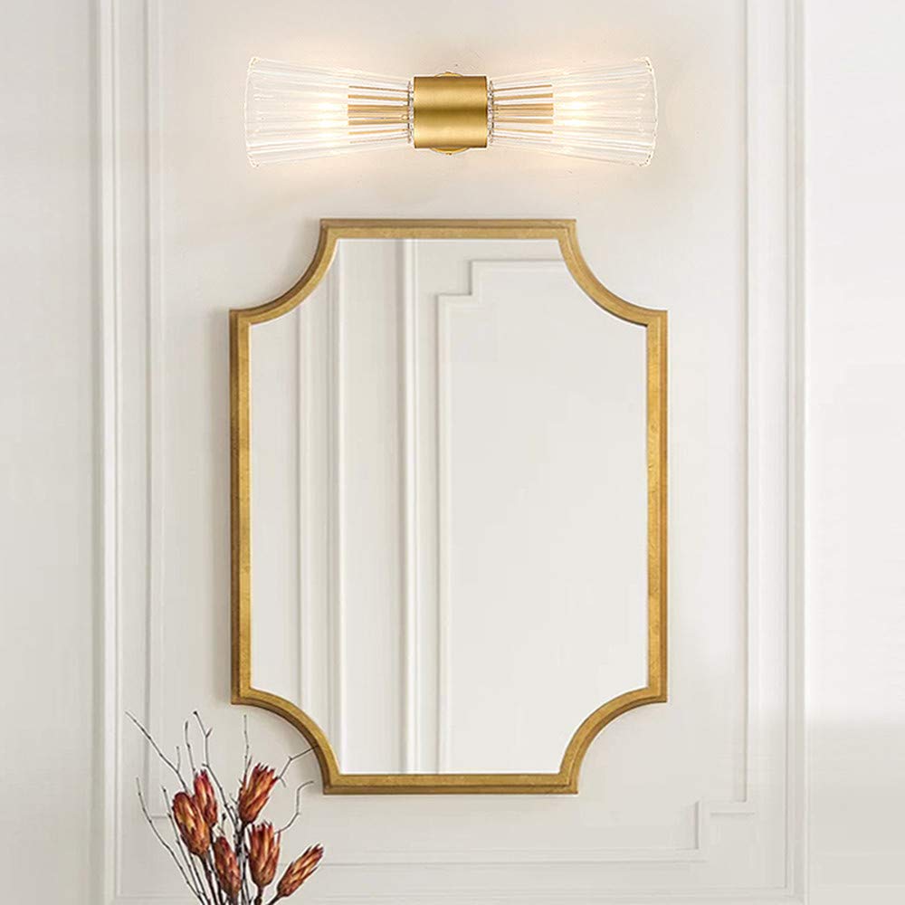 EFINEHOME Mid-Century Modern Gold Wall Sconce - 2-Light Crystal Glass Shade Vanity Lamp, Umbrella Size, Model L20-3002WB
