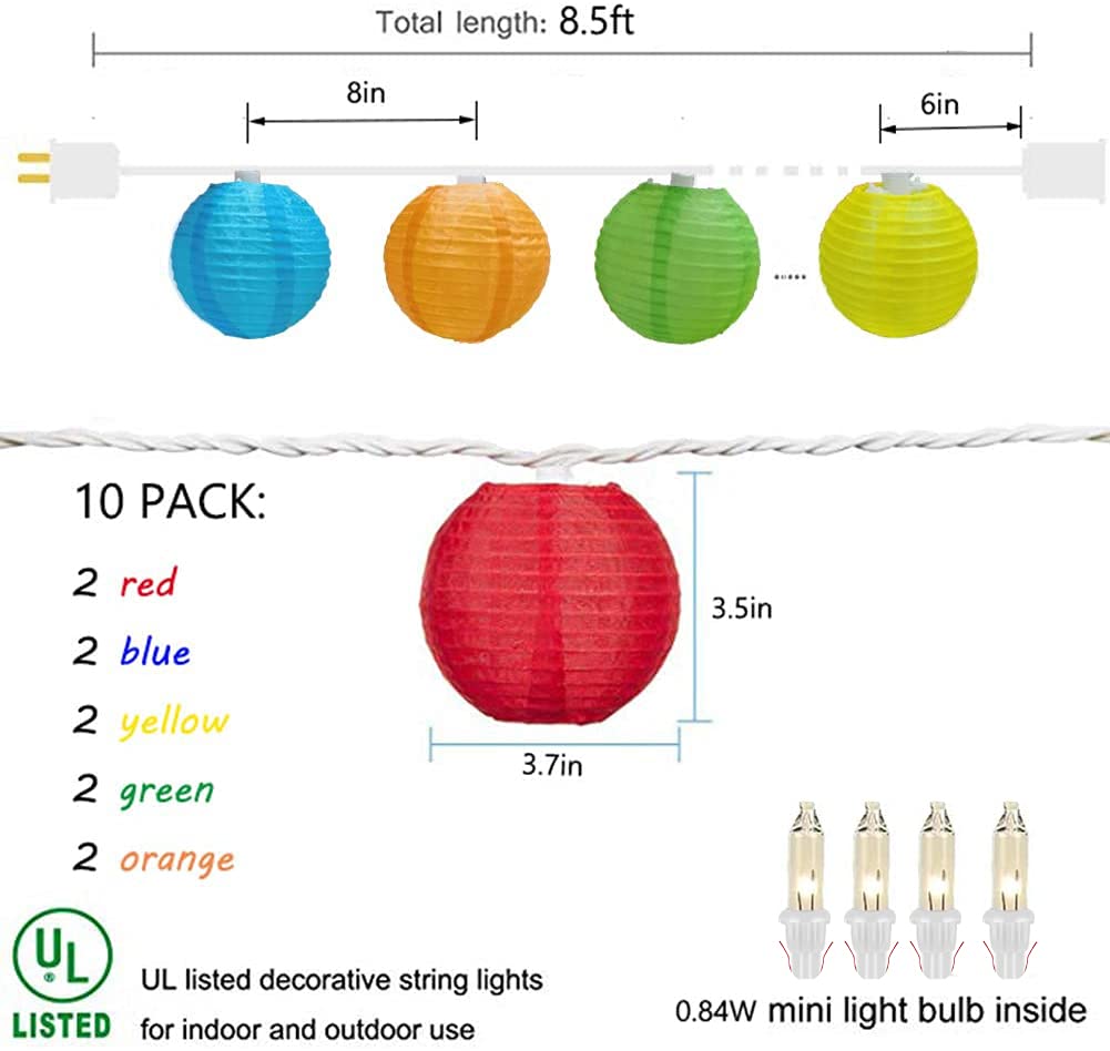 GOOTHY Lantern String Lights, 8.5FT Multicolor, Plug-in Outdoor Decorations with 10 Mini Colorful Lanterns for Parties and Gardens