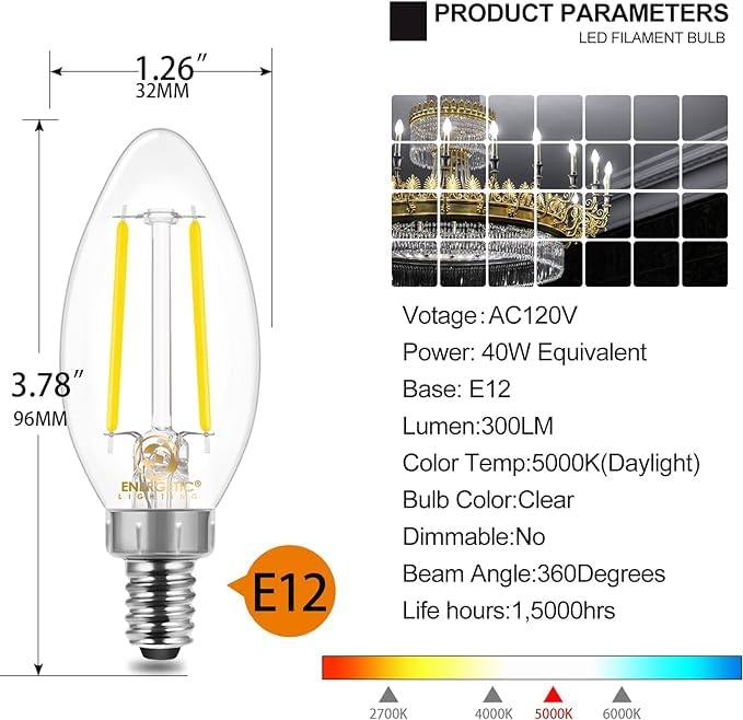 Energetic E12 B10 Led Classic Candelabra Clear Light Bulb, 40 Watt Equivalent, Daylight 5000K, Filament Clear Glass, Non-Dimmabl