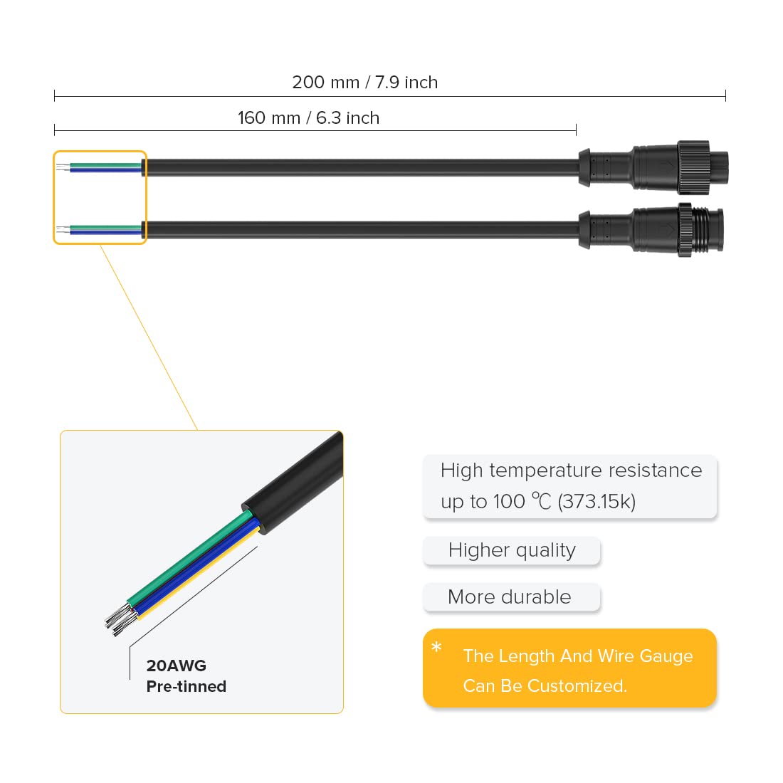 Btf-Lighting 4 Pin Electrical Metal Nut Connector 20Awg Ip67 Male Female Connector 7.87In/20Cm Extension Cable For Car Truck Boat Indoor/Outdoor Led Strip Lights/String 22Mm Metal Nut Big Size