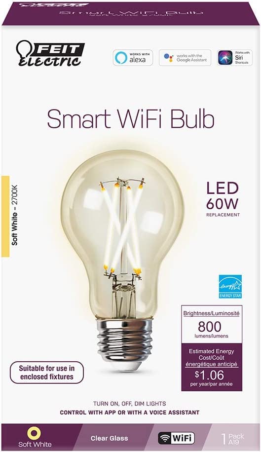 Feit Electric A19 LED Smart Light Bulb, WiFi Dimmable, 60W Equivalent, 2700K Soft White, Model A1960CL/927CA/FIL/AG