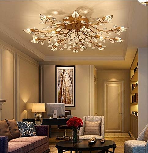 Ridiss Modern Crystal Ceiling Light Fixture, 15-Light Semi Flush Mount Chandelier, Gold, Model SJD-15