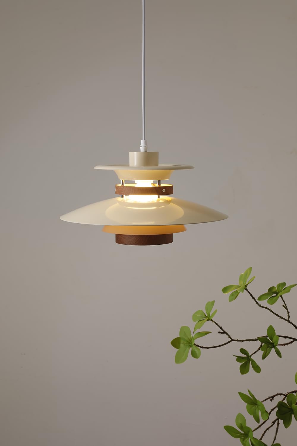 EFINEHOME Modern Adjustable Pendant Lamp, 1-Light E26, Aluminum & Wood, 35cm, Beige+Dark Wood Grain, Model EFLM22385H