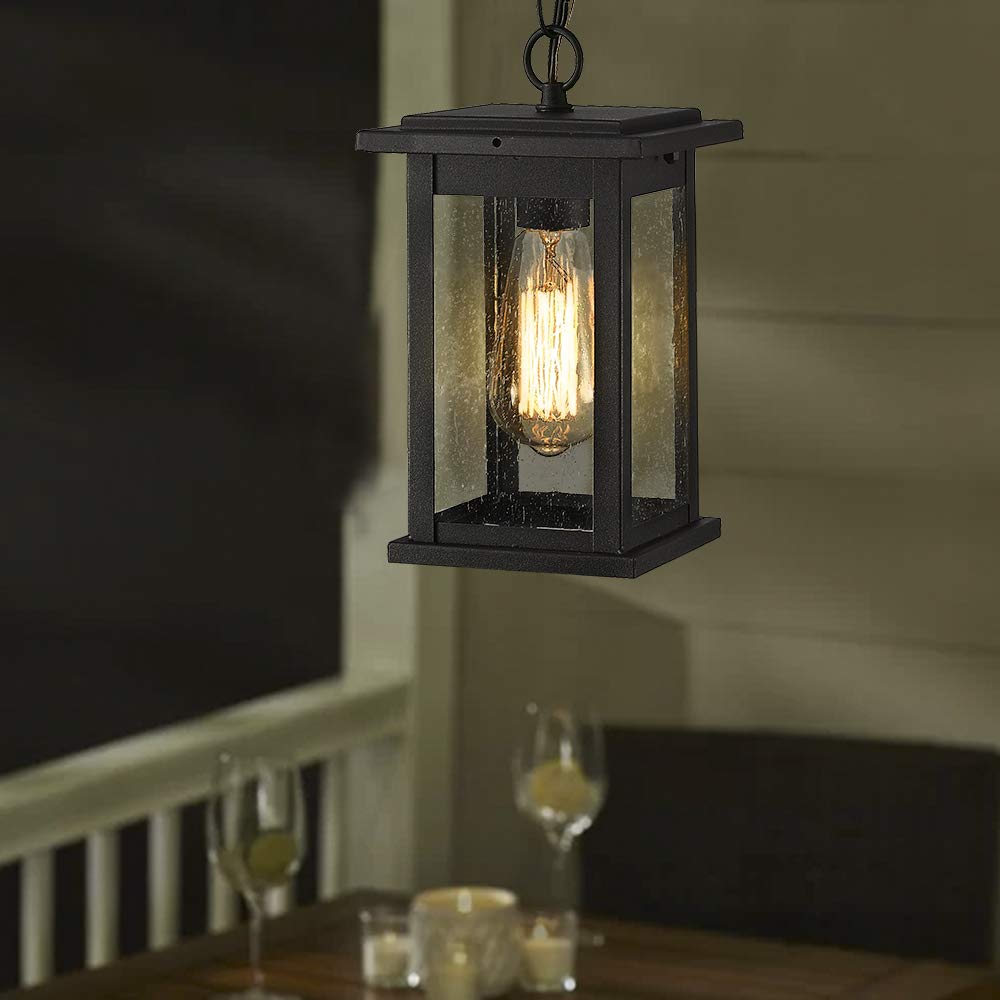Emliviar 1-Light Outdoor Pendant Light, Black Finish With Seeded Glass, Medium Hanging Fixture