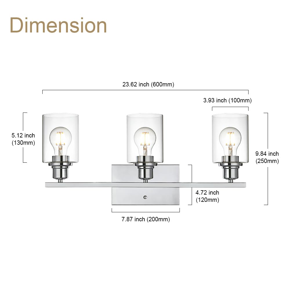 VINLUZ 3 Light Wall Light Fixture - Chrome Finish, Clear Glass Shade, Wall Mounted Lamp for Bathroom and Hallway