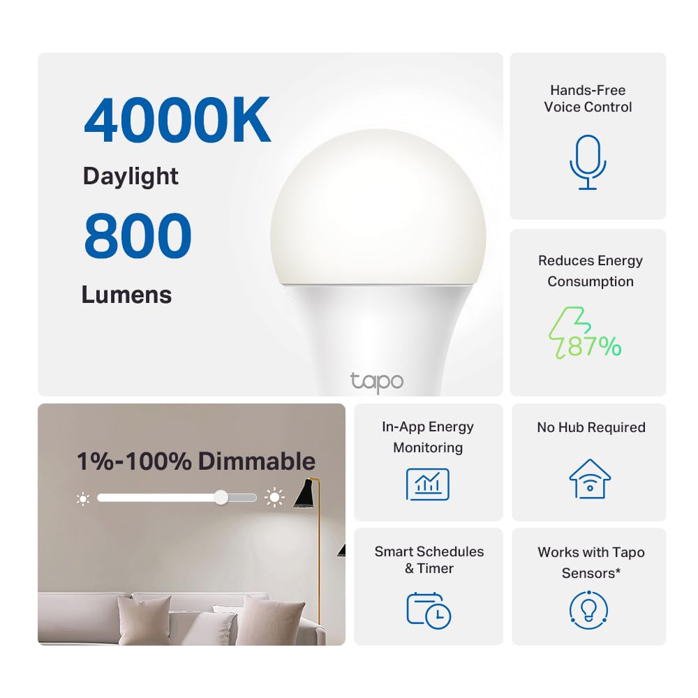 Tapo Smart Light Bulbs - Dimmable A60/E27, 800LM, 4000K Daylight, 4 Pack, WiFi, Compatible with Alexa & Google Home