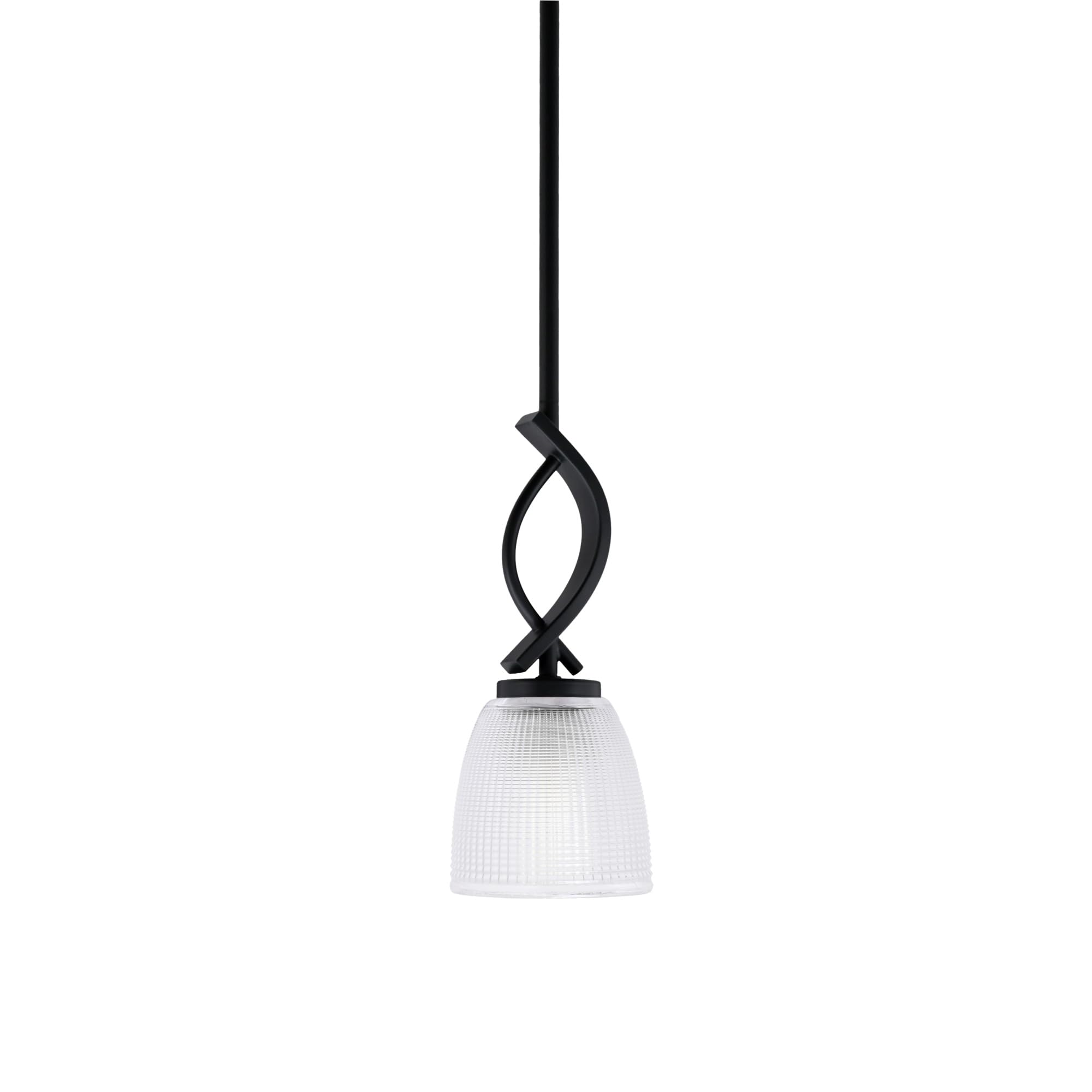 Cavella 1 Light Stem Mini Pendant Shown in Matte Black Finish with 5&quot; Clear Ribbed Glass