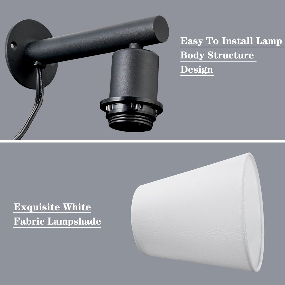 Oiyio Plug In Wall Sconces Set Of Two, Wall Lamp With Plug In Cord, Black Wall Sconce Light Plug In, Bedside Wall Mounted Light With Fabric Linen Shade, Plug In Wall Decor For Bedroom Living Room