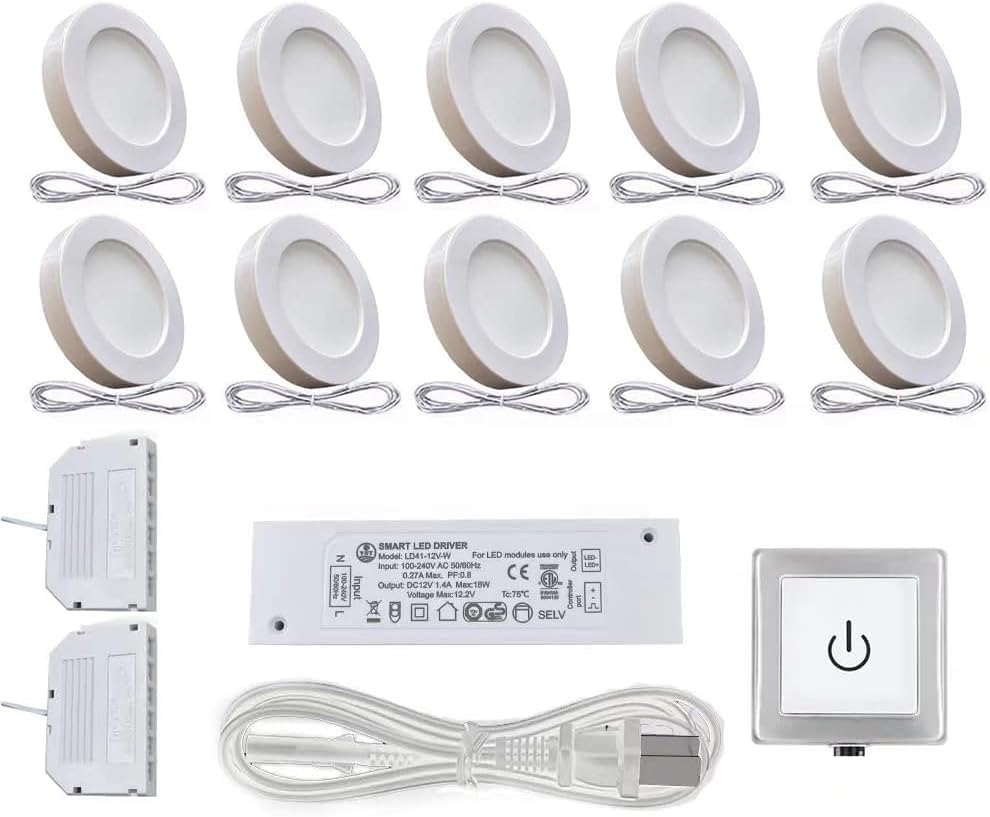 VST Under Cabinet Lighting Plug in with Wired Touch Dimmer Switch,Recessed or Surface Mount Design,Natural White 4000K 12V 2W(20W Total, 10 Pack White) Puck Lights Fixtures