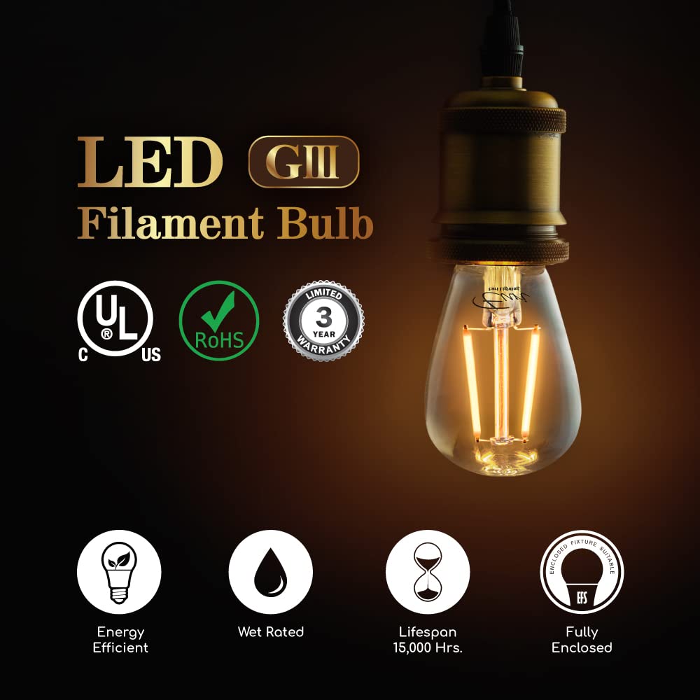 Euri Lighting Es14-2W1120, Non-Dimmable S14 Filament For String Lights, 2W (25W Equal), Warm White (2700K),180Lm, 80Cri, E26, We