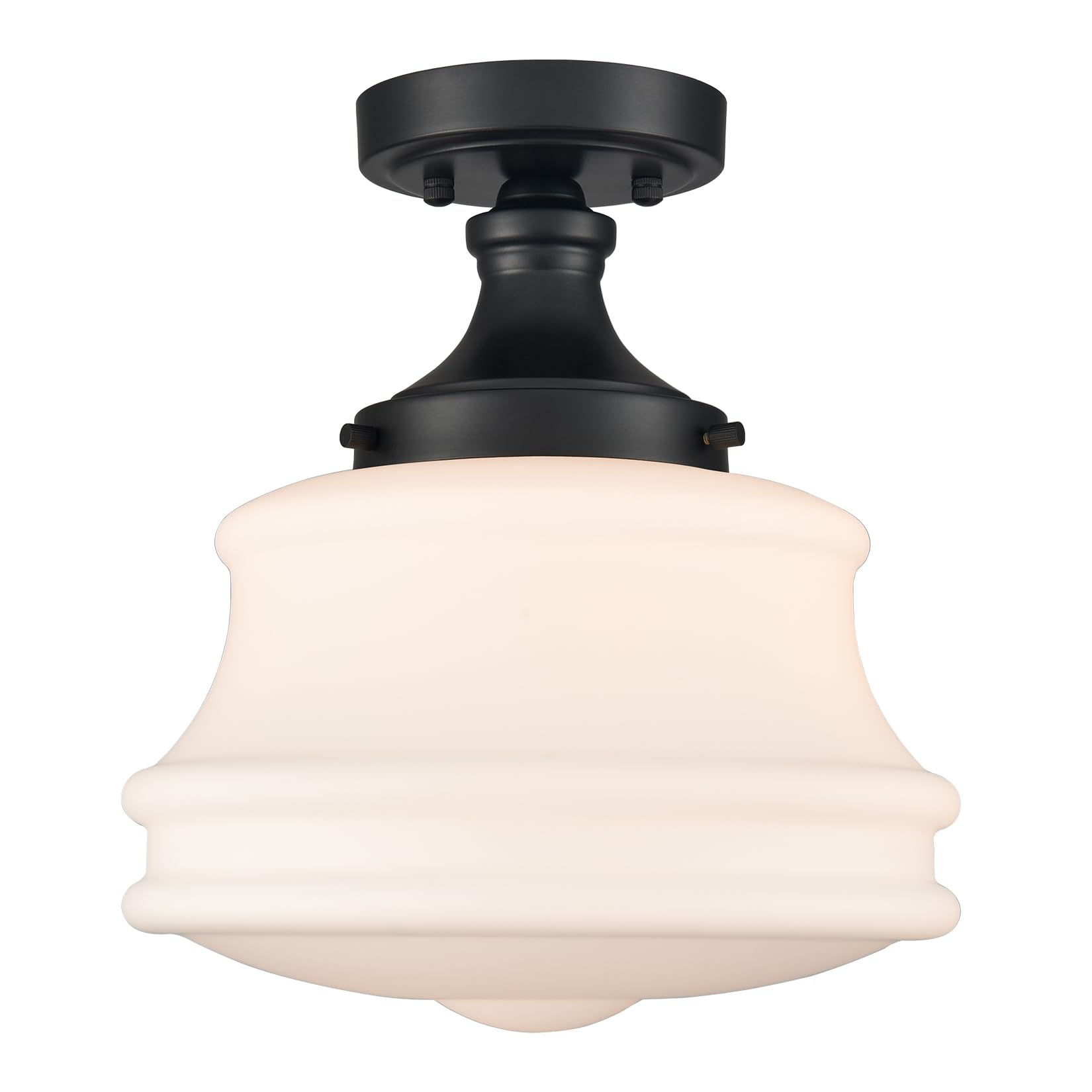 TEENYO Black Schoolhouse Ceiling Light Milk Glass Semi Flush Mount Ceiling Light 11-Inch Modern Matte Black Schoolhouse Light Fi