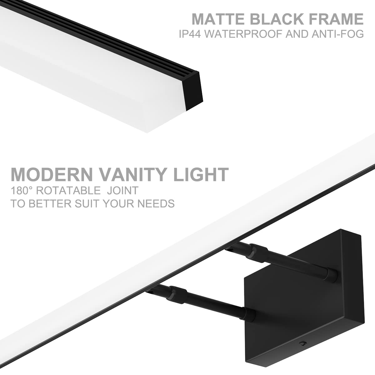 Aipsun 48" Black LED Vanity Light - Modern Adjustable Bathroom Lighting, Model 6480, Premium Aluminum, Rotatable Design
