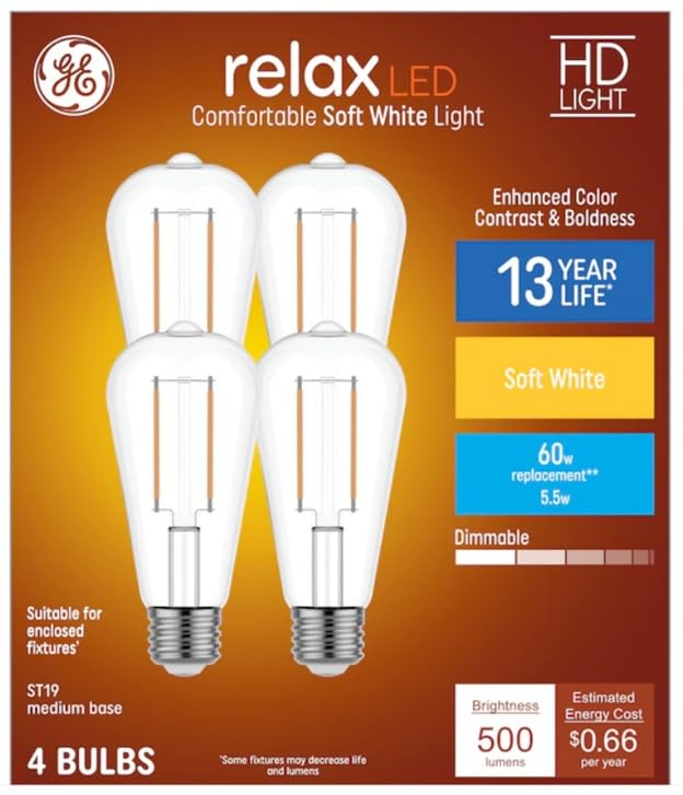 GE Relax ST19 Vintage 60 Watt Equivalent Soft White Medium Base (E-26) Dimmable Decorative Light Bulbs (4-Pack)