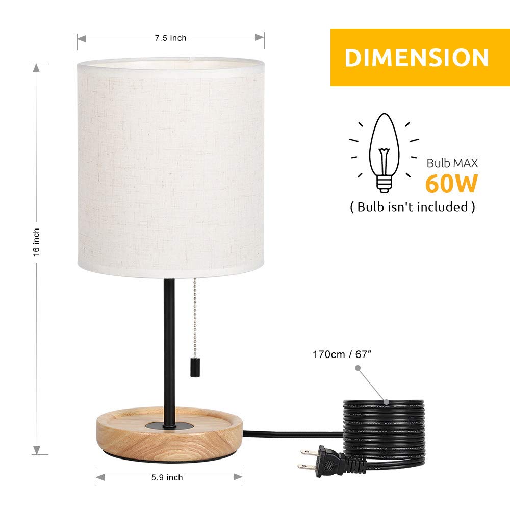 Haitral Modern Bedside Table Lamp With Linen Shade, Wooden Nightstand Lamp For Bedroom, Office