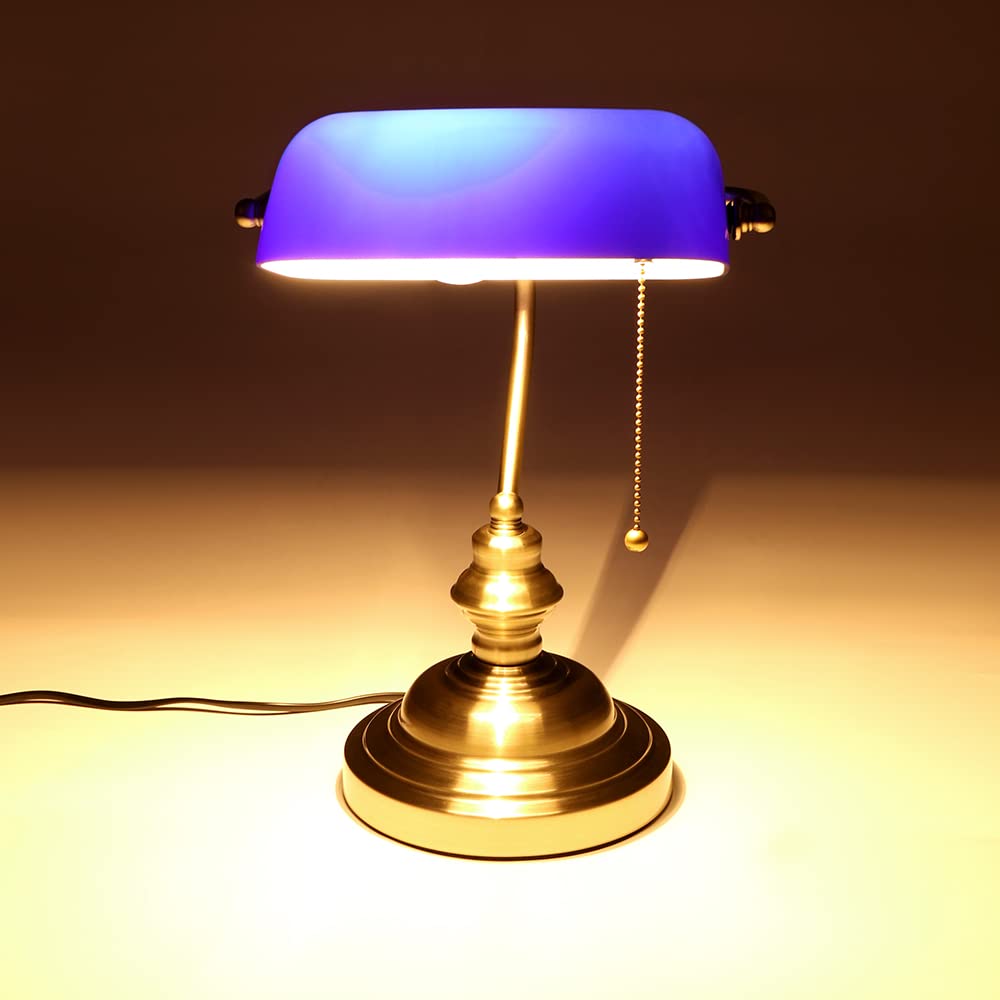 FIRVRE Blue Glass Bankers Desk Lamp, Bronze Finish, E26 Pull Chain, Model B006 for Home Office, Bedroom, Library