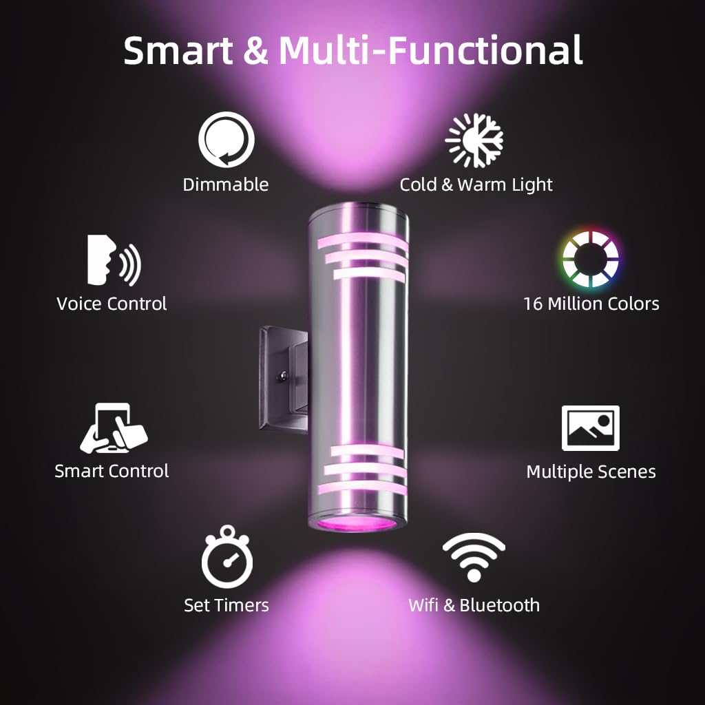 SHIMR Smart RGB Outdoor Wall Lights, 2 Pack WiFi Color Changing Sconce, Stainless Steel, APP Control, Compatible with Alexa