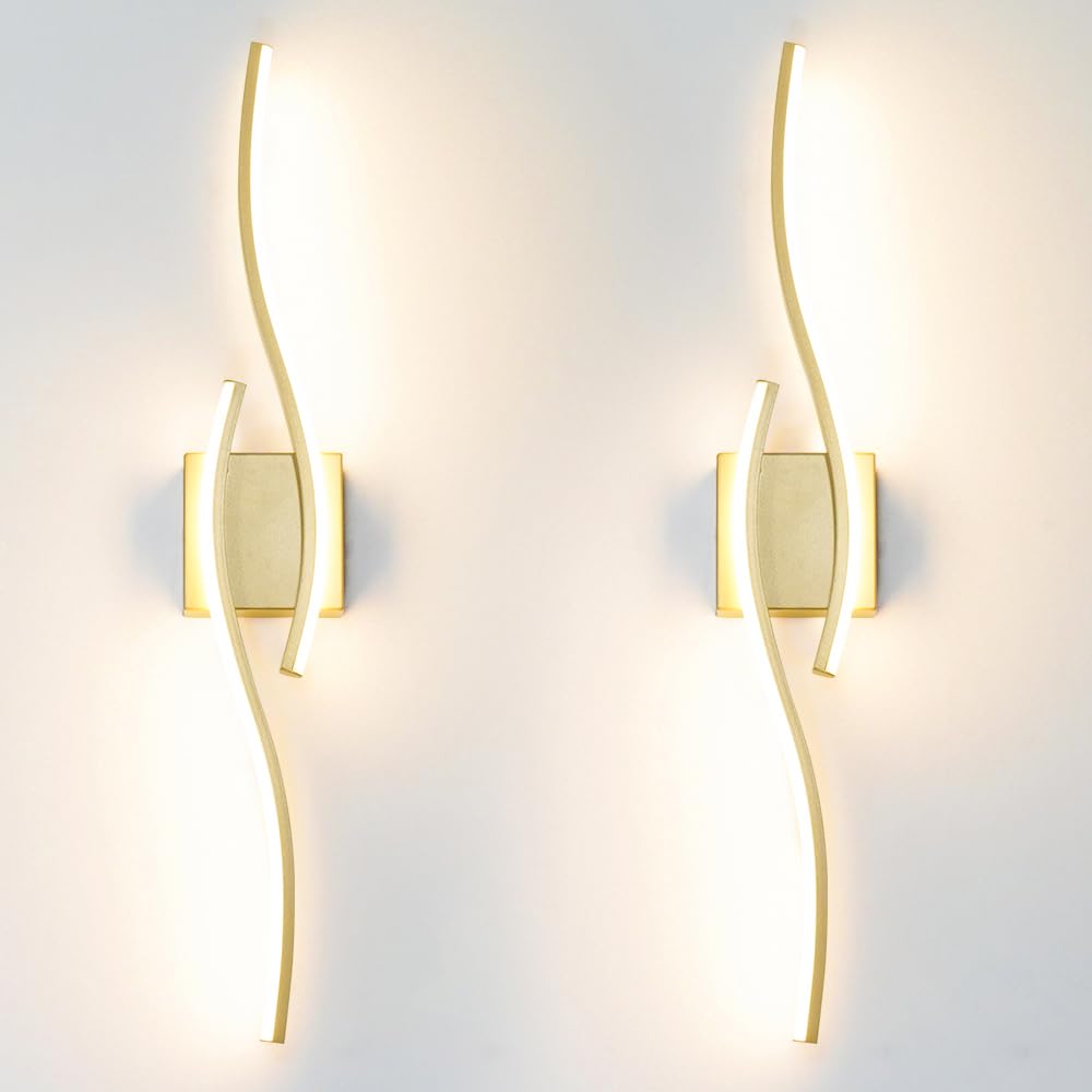 Modern Gold Wall Light Fixture Set of 2  RC Dimmable LED Wall Light Indoor  LED Wall Decor for Hallway Bedroom Living Room  Hardwired Wall Sconce with Remote Control  27.56 in  Timer  Memory