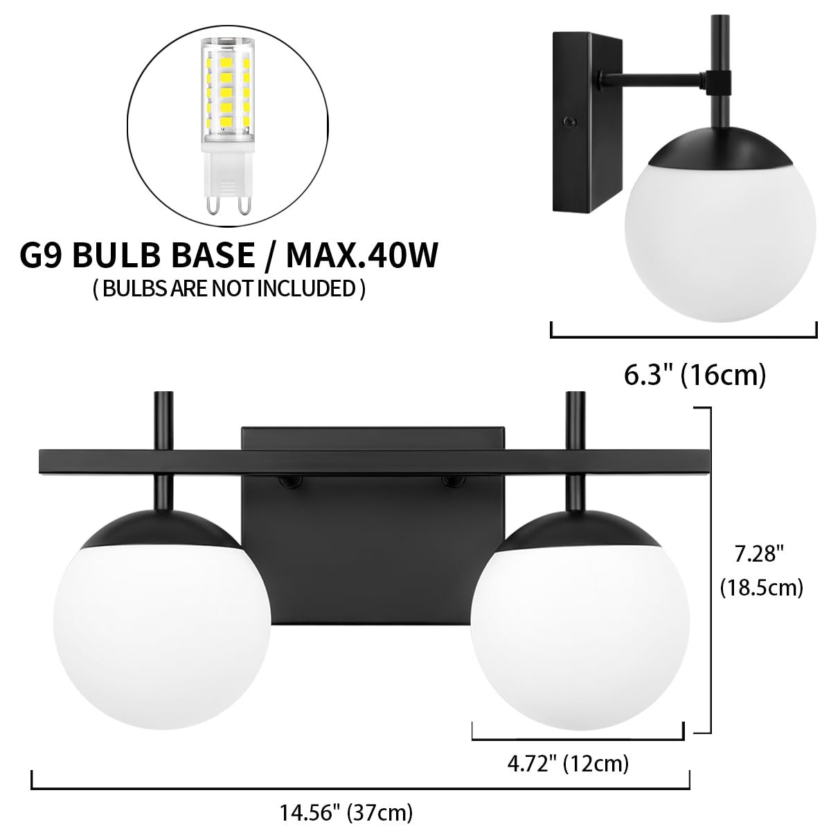 Zsmihdoh 2-Light Black Bathroom Vanity Light, Mid Century Modern Globe Fixtures With Milky Glass
