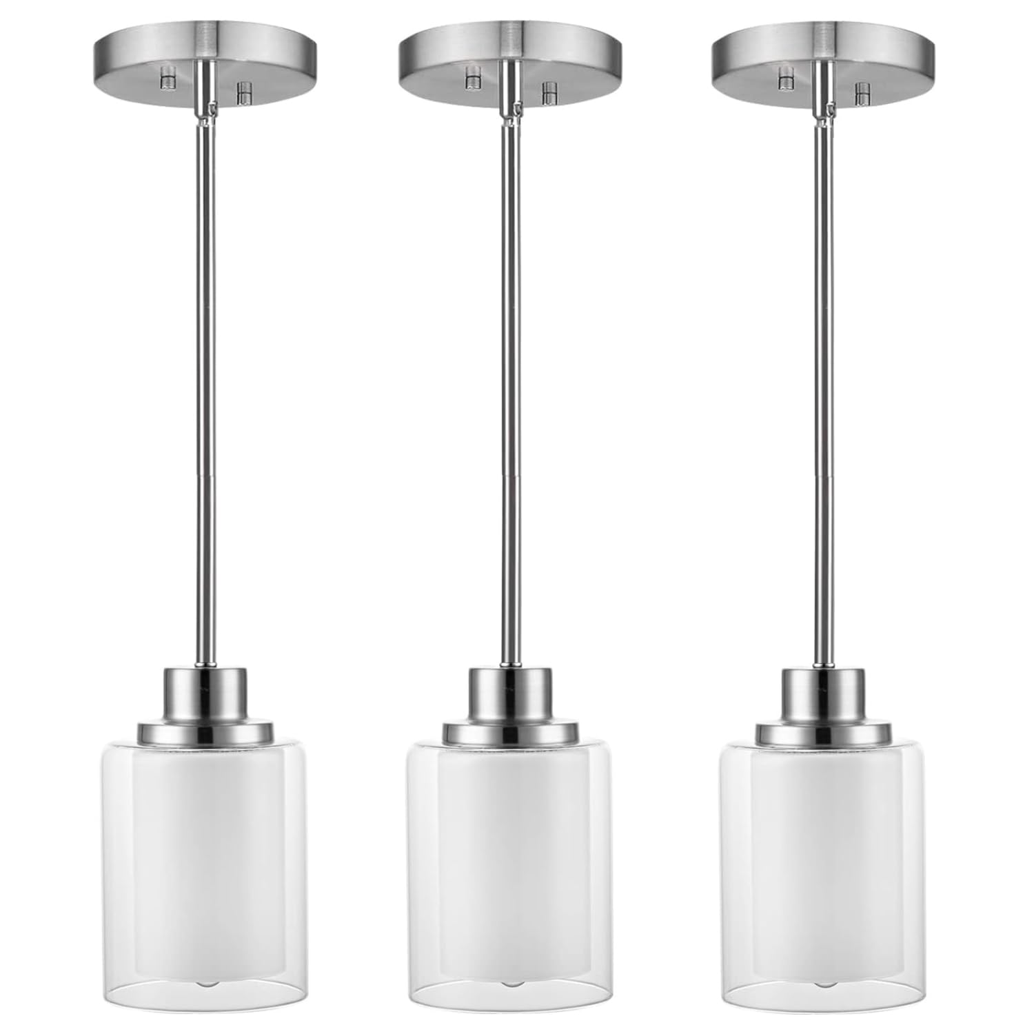Eidonta 1-Light Mini Pendant Light Fixtures, 3 Pack Modern Brushed Nickel Hanging Ceiling Light with Dual Glass, Adjustable Heig