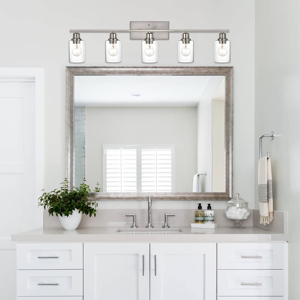 VINLUZ 5-Light Bathroom Vanity Light Fixture, Brushed Nickel, Clear Glass Shade, Indoor Wall Sconce for Living Room, Bedroom, Hallway