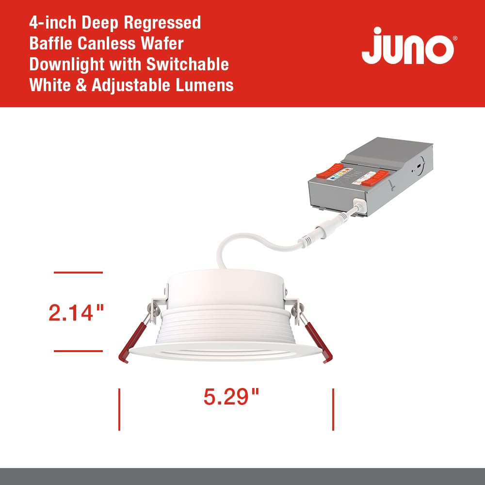 Juno Canless LED Wafer Light, 4-Inch, Matte White, Switchable Color Temp 2700K-5000K, Deep Regressed Baffled Trim, Model WF