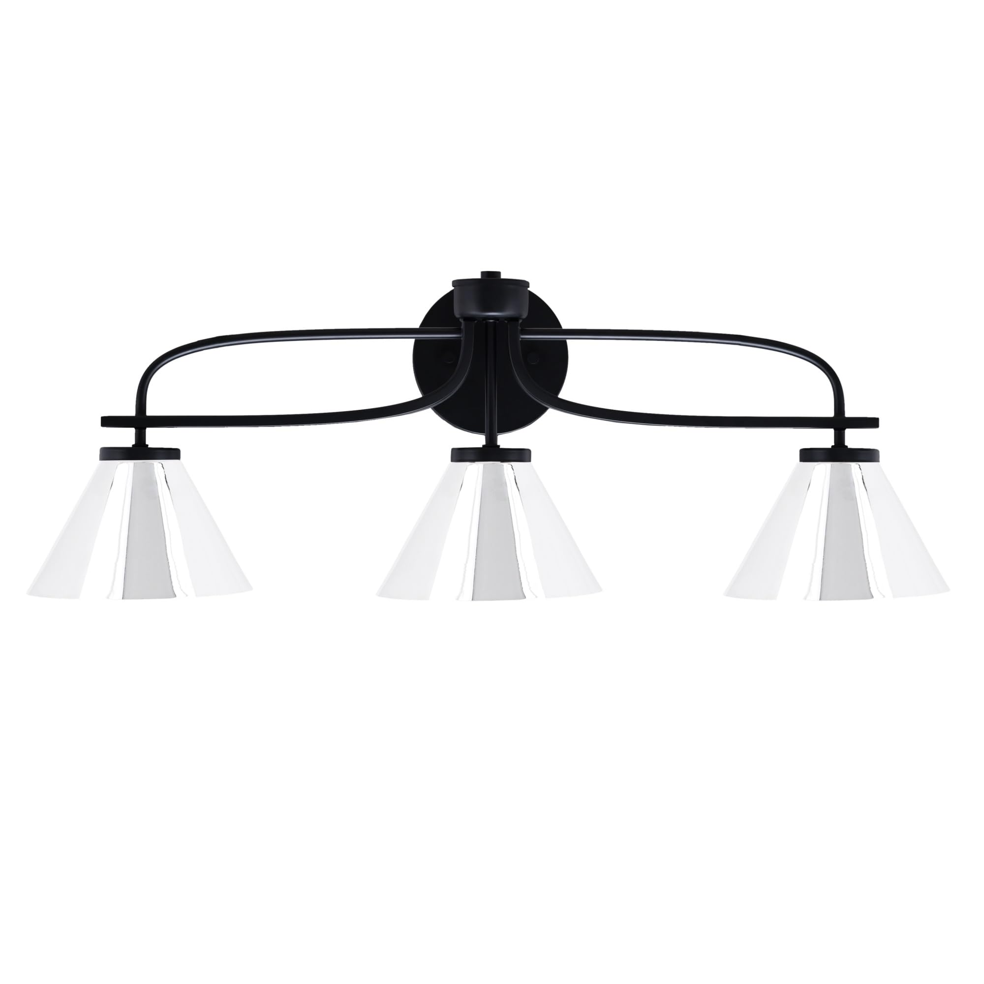 Cavella 3 Light Bath Bar Shown In Matte Black Finish With 7" Chrome Cone Metal Shades