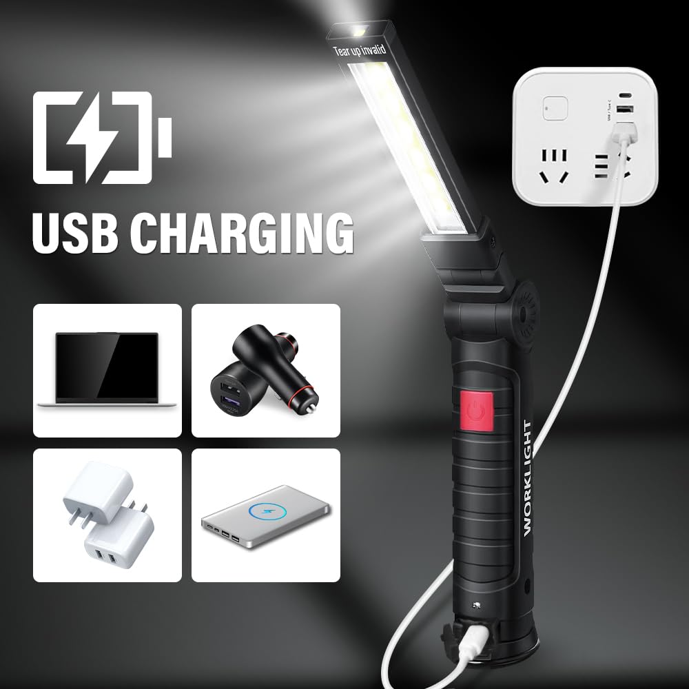 Led Work Light Rechargeable Flashlight  Christmas Stocking Stuffers Gifts For Men Him Husband Mechanic Torch Grill Light Inspection Lamp Magnetic Base 5 Modes 360 Rotate Car Emergency Repair 2Pcs