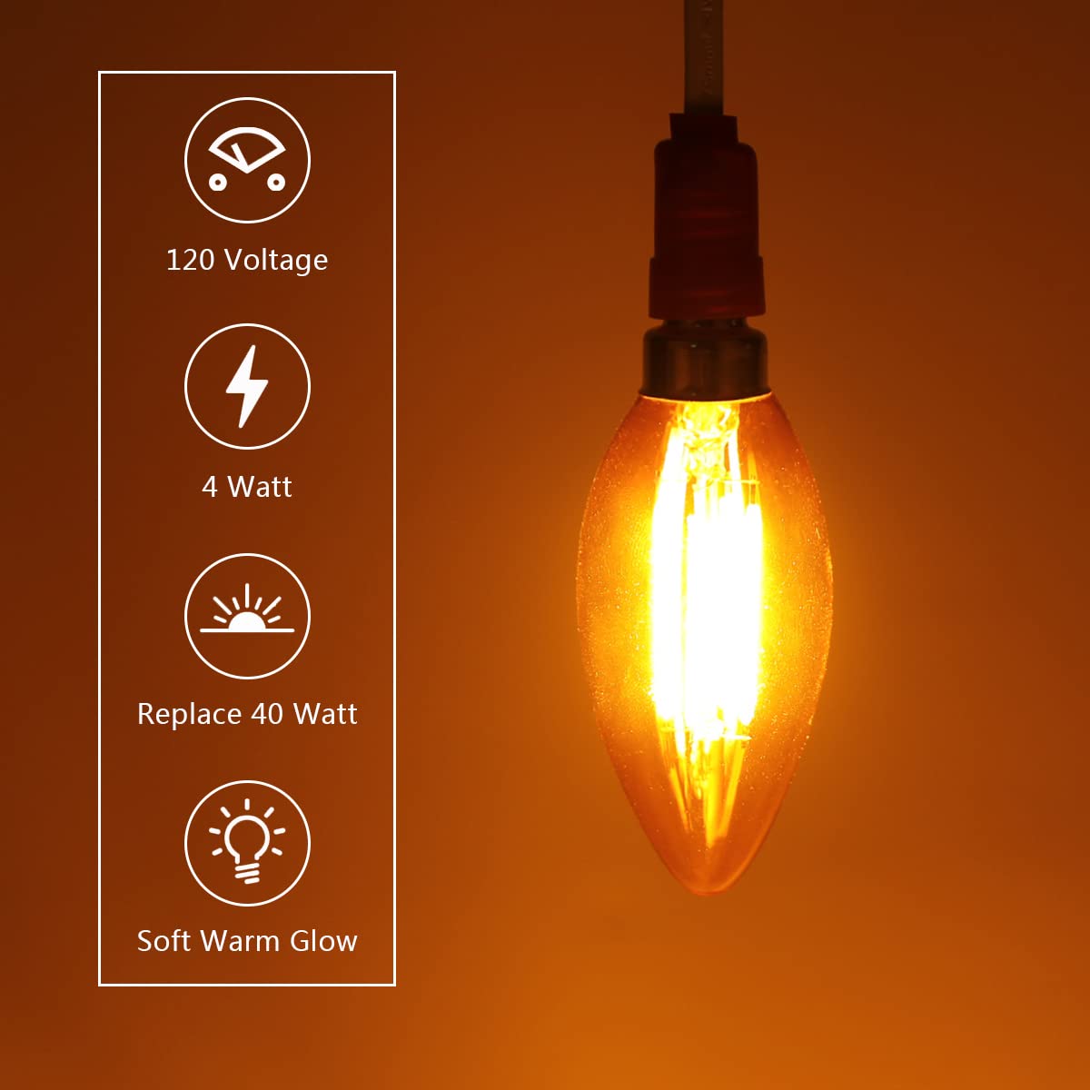 KINUR E26 B11 Amber LED Edison Light Bulbs, 4W Equivalent, 2000K Warm Light, Glass, 4 Pack