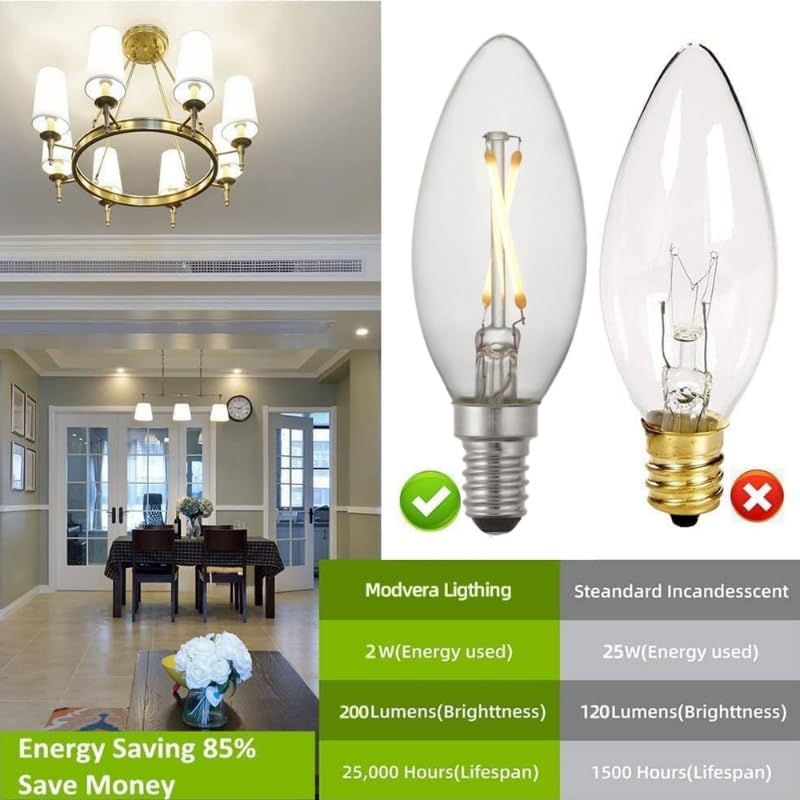 Modvera Lighting - 25W Equal Led Candelabra Bulb Blunt Tip 2 Watts Warm White 2700K E12 Base Filament Style Chandelier Bulb. Ul