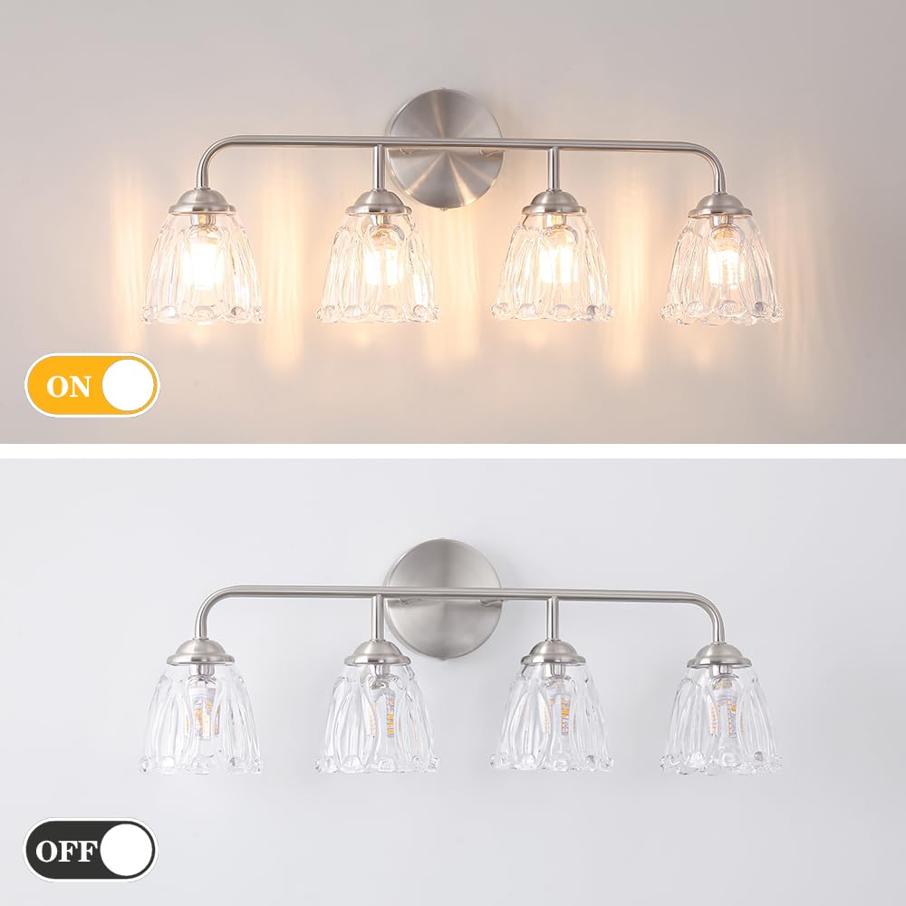 Daunton Vintage 4-Light Brushed Nickel Bathroom Light Fixtures, Elegant Bathroom Vanity Lights Over Mirror, Vanity Lighting For