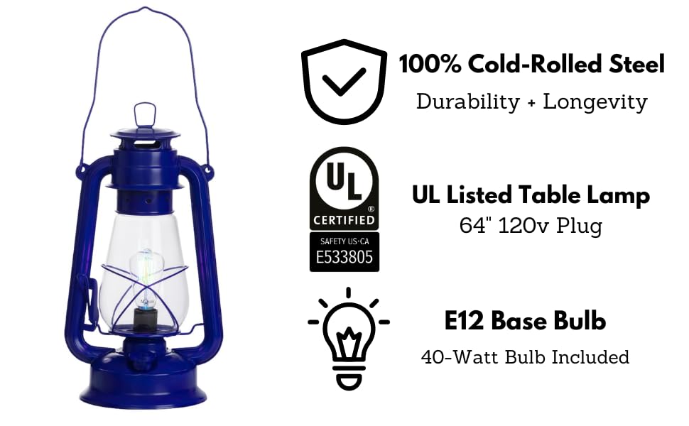 Muskoka Lifestyle Products Rustic Farmhouse Lantern Table Lamp, Dimmable, Cold-Rolled Steel, Medium, Blue, Model MUS113-Blue