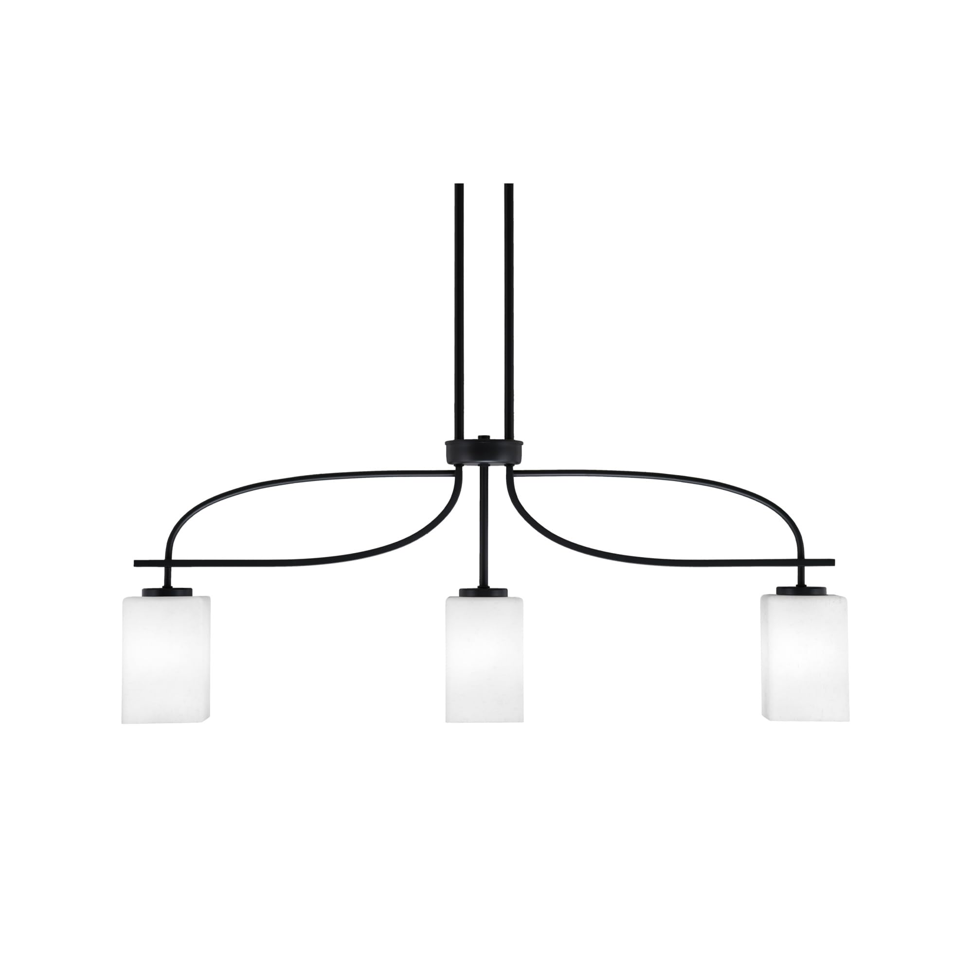 Cavella 3 Light Island Light Shown in Matte Black Finish with 4&quot; Square White Muslin Glass
