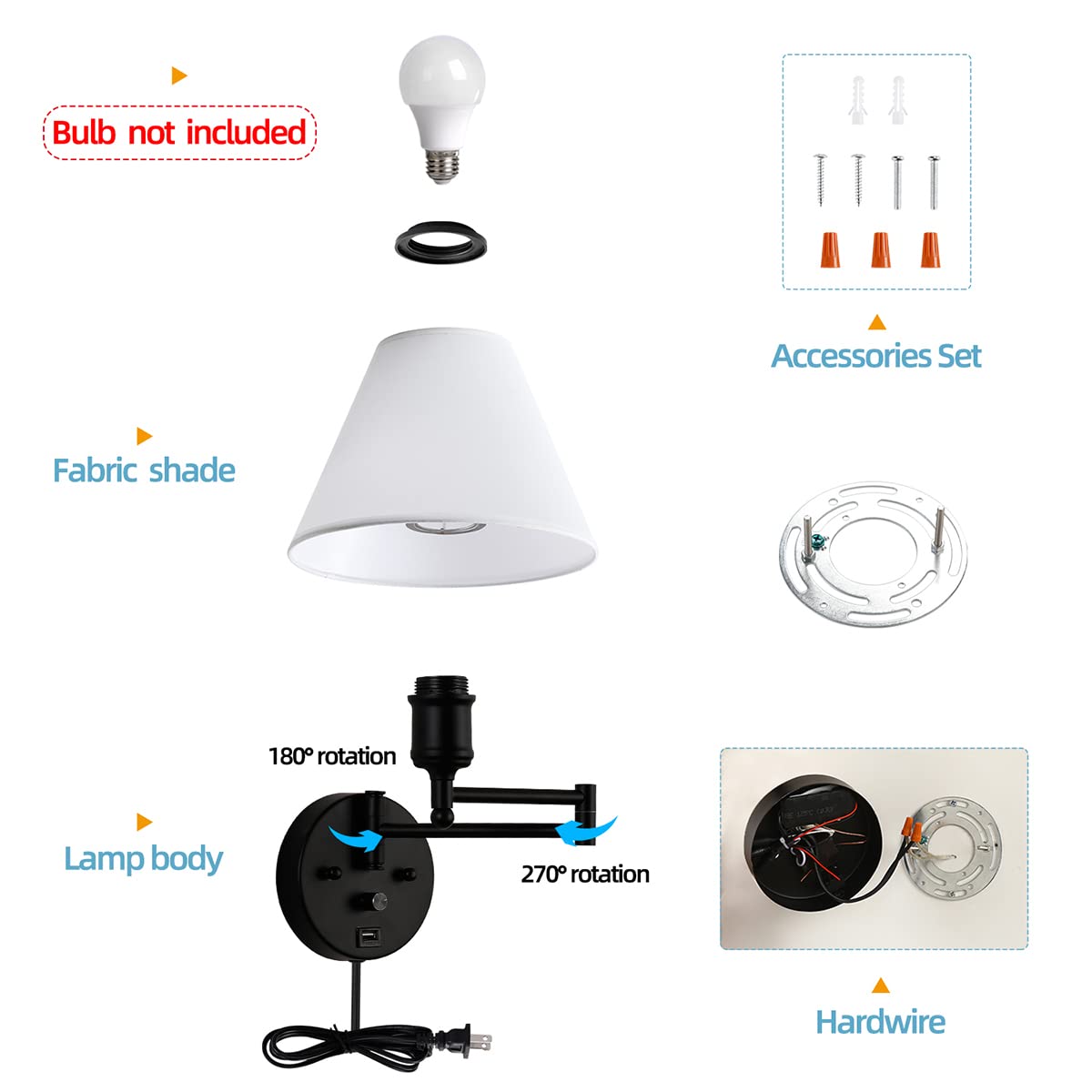 PFQCGU Swing Arm Wall Sconce, Black Metal, Dimmable Switch, USB Port, White Fabric Shade, Ideal for Bedroom & Living Room, Model AR—998