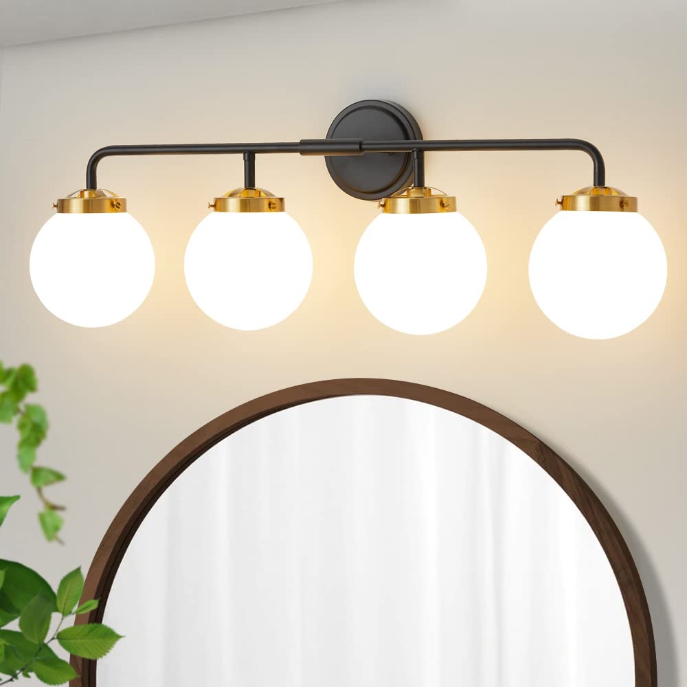 Deyidn Black Gold Bathroom Light Fixtures Above Mirror, Modern Vanity Lighting With White Glass Globe Shade 4-Light Farmhouse Wa