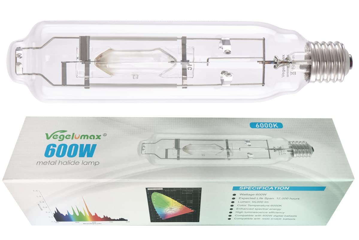 Vegelumax Mh 600W Metal Halide Single Ended Hid Grow Light Bulb Lamp High Par Enhanced Blue And Violet Spectrums For Hydroponic Horticulture Vegetative Growth,Cct 6000K,55,000 Lumens,E39 Base