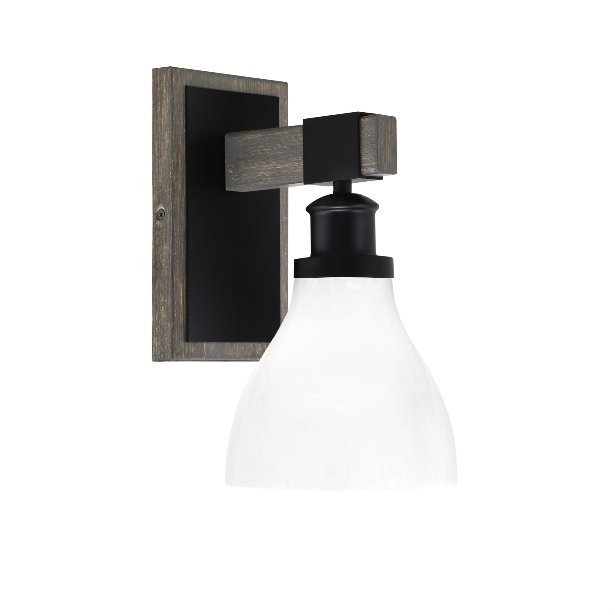 Toltec Lighting Tacoma Light Wall Sconce, Matte Black & Distressed Wood Finish, 6.25in White Marble Glass