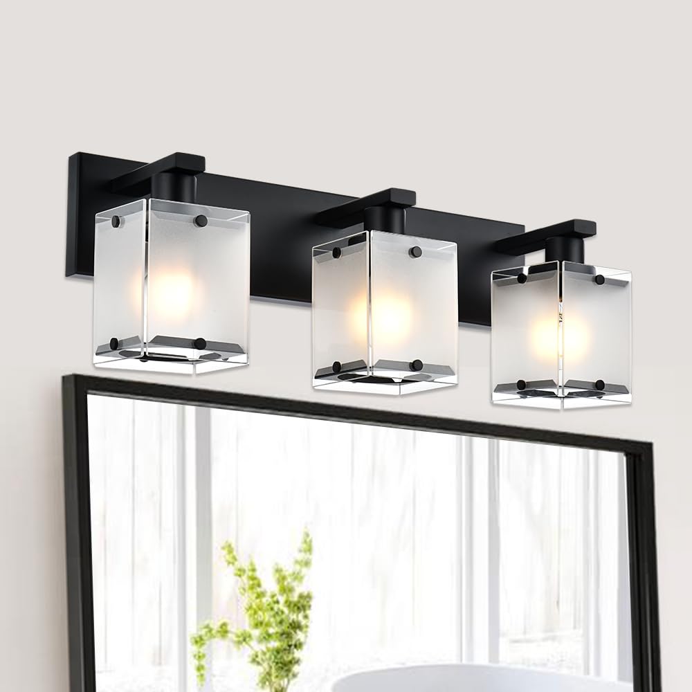 WINSHEN 3-Lights Bathroom Light Fixture, Modern Black Wall Sconce with Frosted Glass Shade, E26 Bulb Base, Model 3WBL-XOTFZO