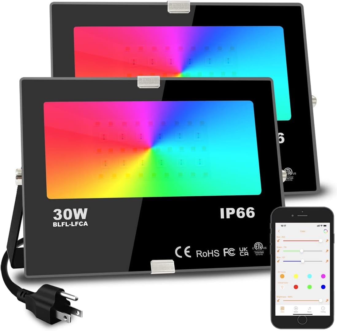 MELPO LED Flood Light 30W, 3000 LM, Bluetooth RGBW, IP66, 2 Pack, Black, Model BLFL-LFCA