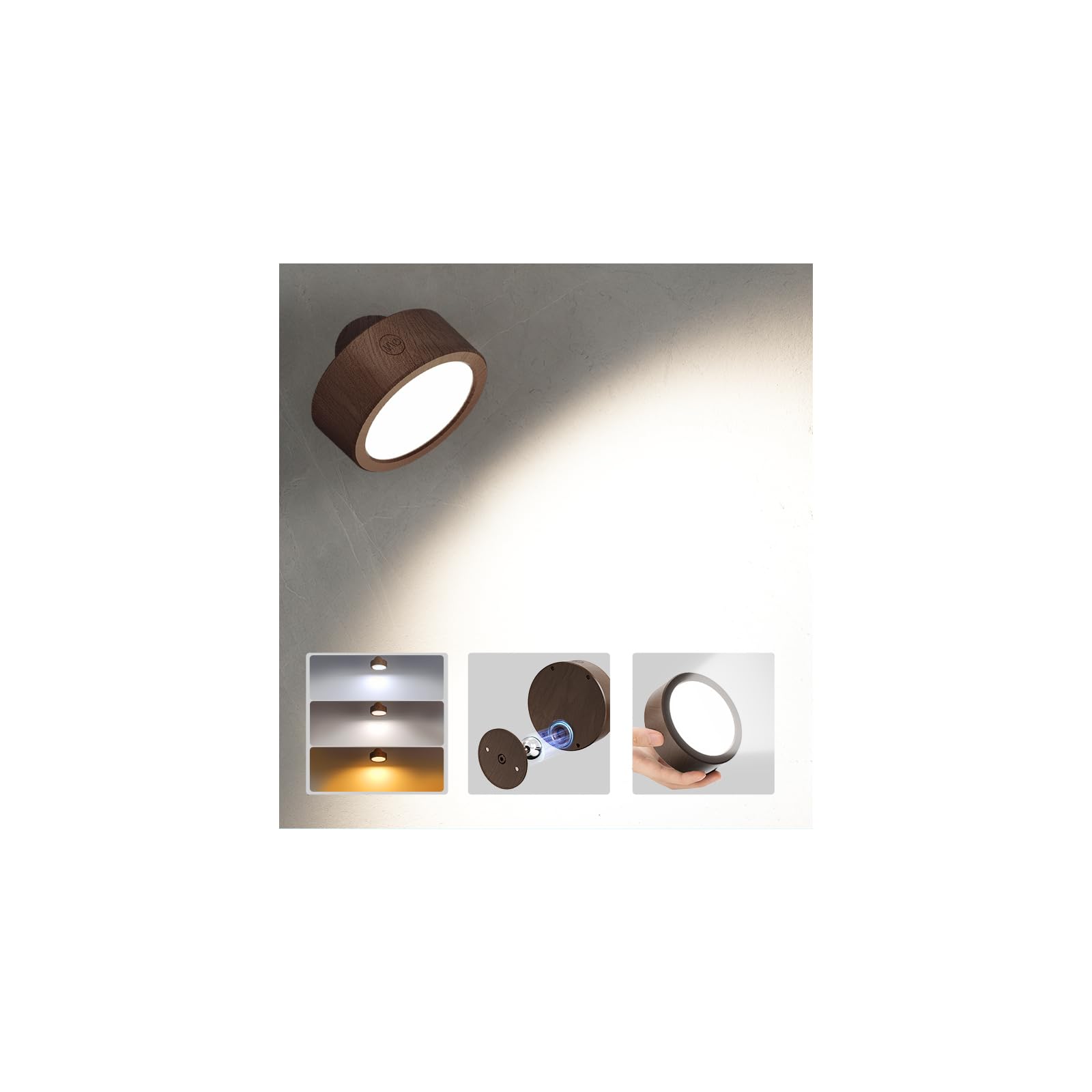 EZVALO LED Wall Mounted Light, 5500mAh Rechargeable, Dimmable, 3 Color Temps, Walnut, Model EZL2404A, 1 Pack