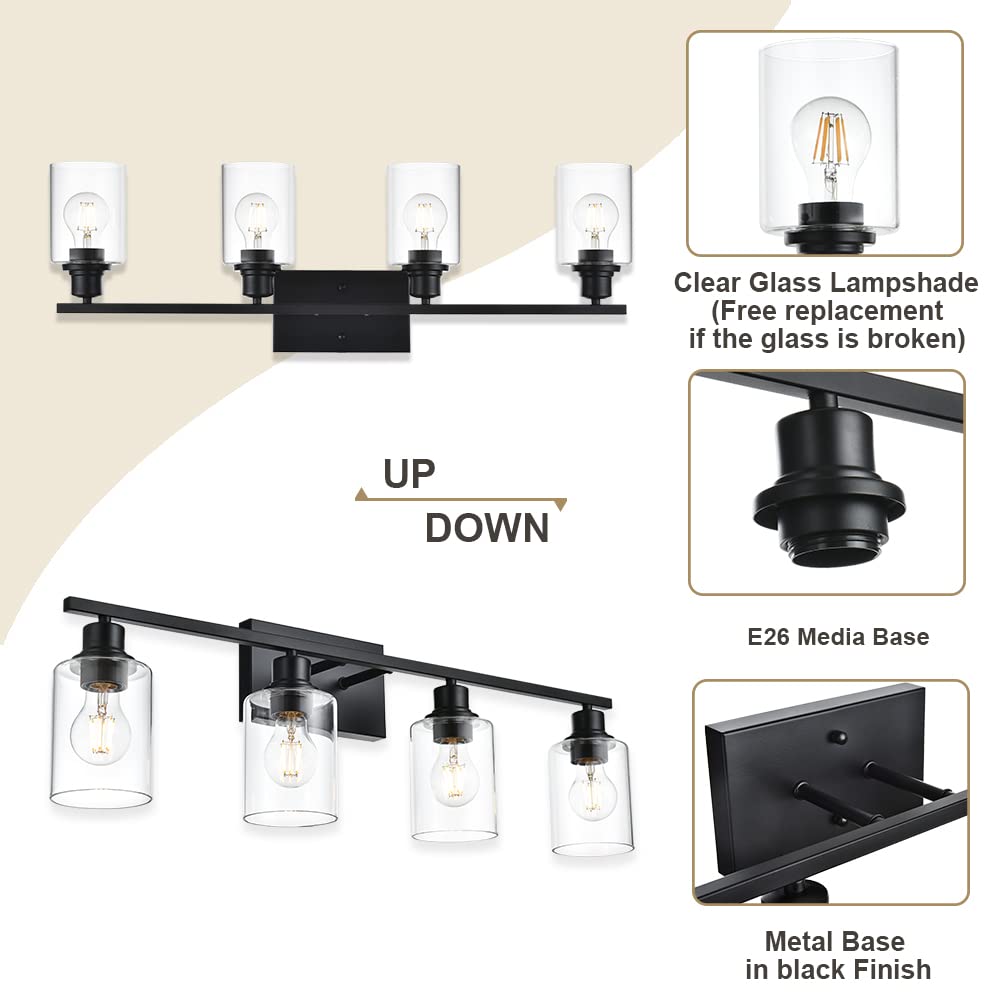 Vinluz 4-Lights Black Bathroom Vanity Light Fixtures With Clear Cylinder Glass Shade Industrial Metal Wall Mounted Lighting Over Mirror