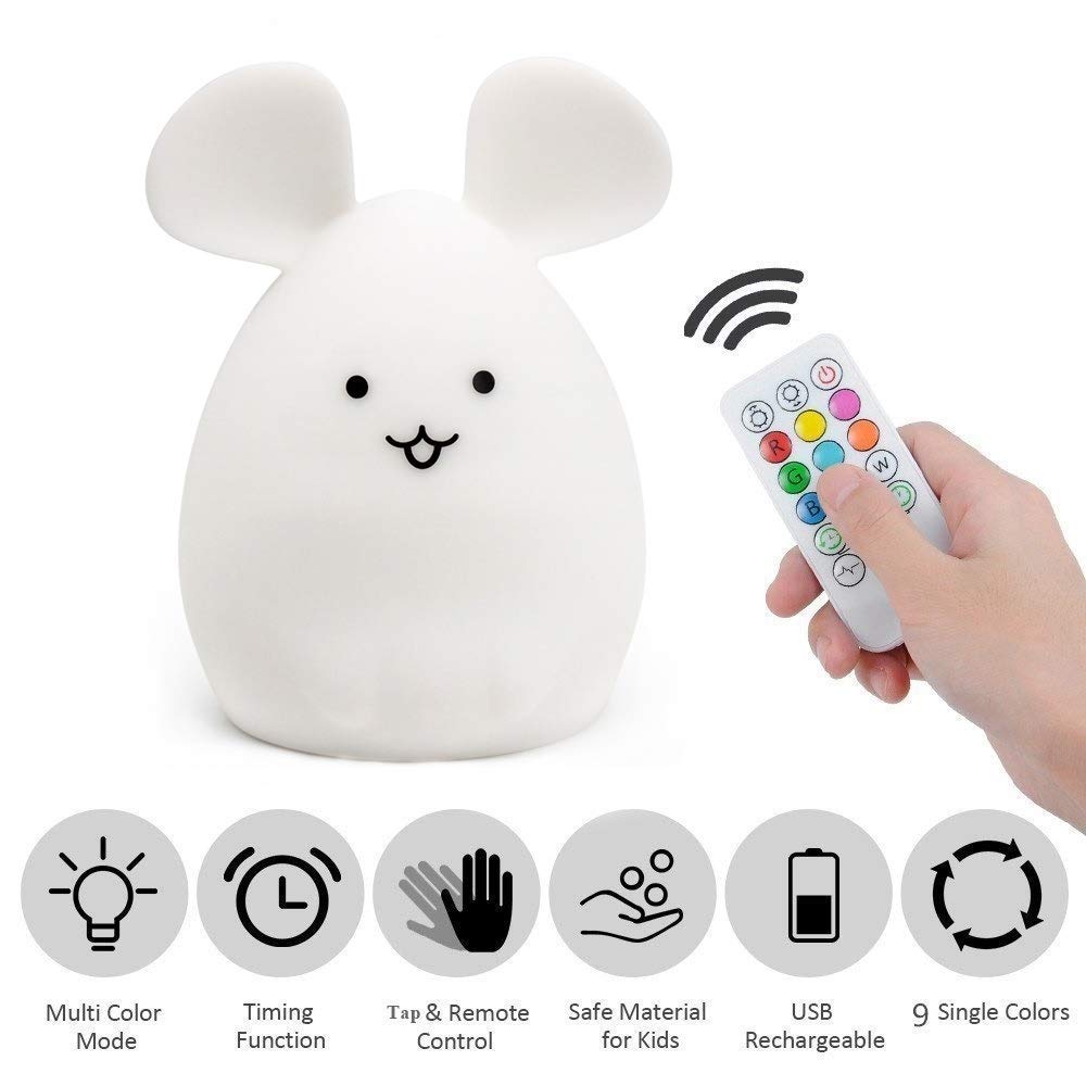 Tianhaixing Rechargeable LED Mouse Night Light, Soft Silicone, Remote & Touch Control, Adjustable Brightness & Colors, White, Model THX885