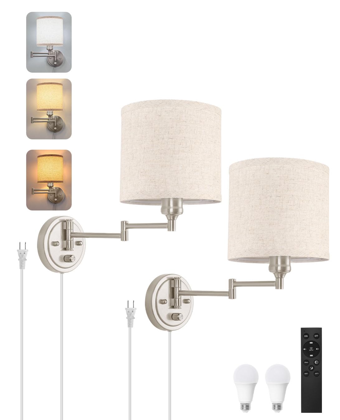 GOODATE Plug-in Wall Sconces Set of Two, Adjustable Colors 2700K-6500K, Remote Control, Brushed Nickel & Linen, Model BZ-YK